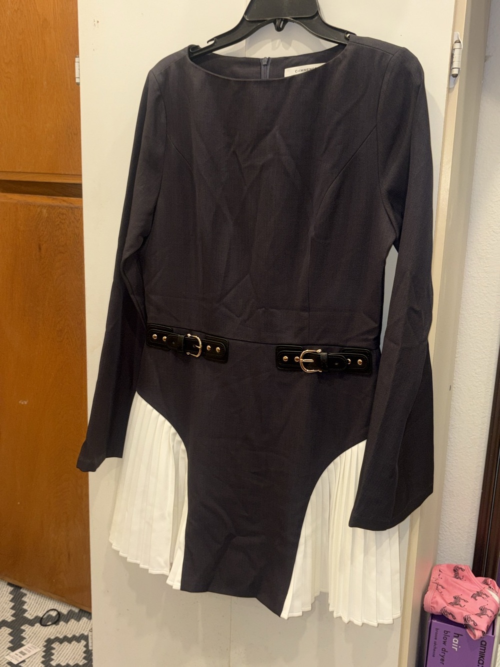 Commense Black Long-Sleeve Dress with White Pleated Hem and Belt Details